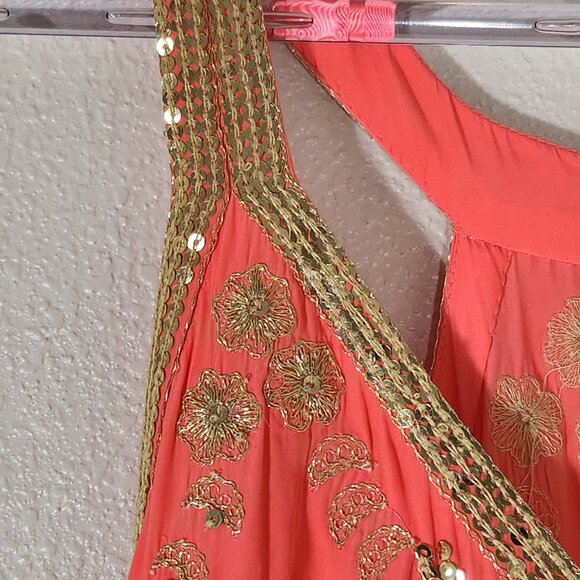 CALYPSO St. Barth Coral & Gold Maxi Dress Embroidered Sequin Sz XS DAMAGED - Picture 5 of 16